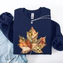 Medium Navy Autumn Leaf Faux Quilt Leaves Floral Sunflowers Pumpkins Thanksgiving Sweatshirt