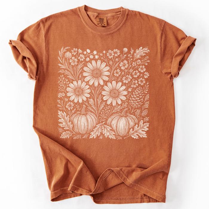 Autumn Wildflowers Minimalist Floral Fall Pumpkin Garden Bloom Comfort Colors Tee