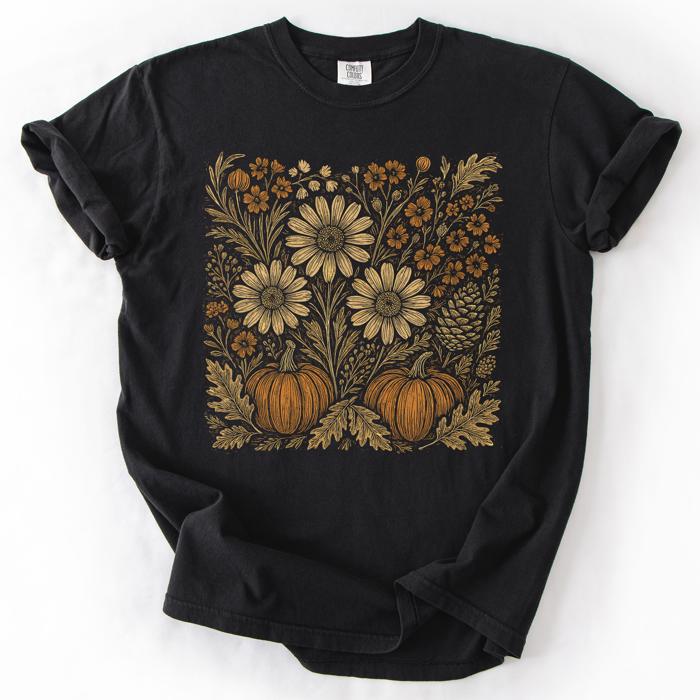 Autumn Wildflowers Minimalist Floral Fall Pumpkin Garden Bloom Comfort Colors Tee