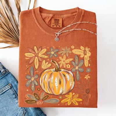 Beautiful Pumpkin Autumn Flowers Fall Floral Watercolor Vintage Inspired Comfort Colors Tee