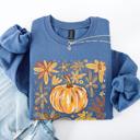 Small Indigo Blue Beautiful Pumpkin Autumn Flowers Watercolor Floral Pattern With Rustic Harvest Vibes Sweatshirt