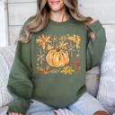Large Military Green Beautiful Pumpkin Autumn Flowers Watercolor Floral Pattern With Rustic Harvest Vibes Sweatshirt
