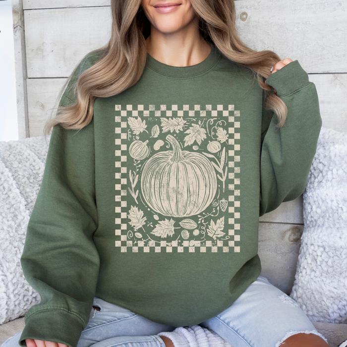 Checkered Pumpkin Minimalist Autumn Harvest Motif Cozy Seasonal For Fall Wardrobe Sweatshirt