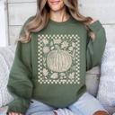 Large Military Green Checkered Pumpkin Minimalist Autumn Harvest Motif Cozy Seasonal For Fall Wardrobe Sweatshirt