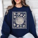 Medium Navy Checkered Pumpkin Minimalist Autumn Harvest Motif Cozy Seasonal For Fall Wardrobe Sweatshirt