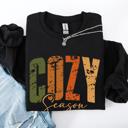  Cozy Season Fall Vibes Retro Varsity Autumn Pumpkin Floral Sunflower Motif Vintage Lettering Sweatshirt
