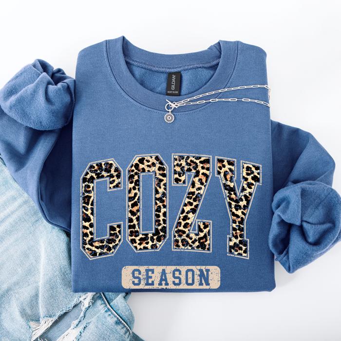 Cozy Season Leopard Print Autumn Florals Sunflowers Pumpkins Halloween Inspired Sweatshirt