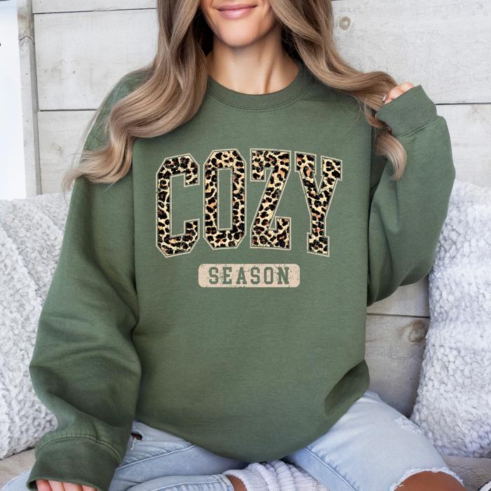 Cozy Season Leopard Print Autumn Florals Sunflowers Pumpkins Halloween Inspired Sweatshirt