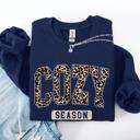 Large Navy Cozy Season Leopard Print Autumn Florals Sunflowers Pumpkins Halloween Inspired Sweatshirt