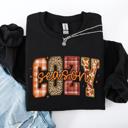 Medium Black Cozy Season Patterns Fall Vibes Retro Varsity Pumpkin Floral Sunflower Halloween Autumn Sweatshirt