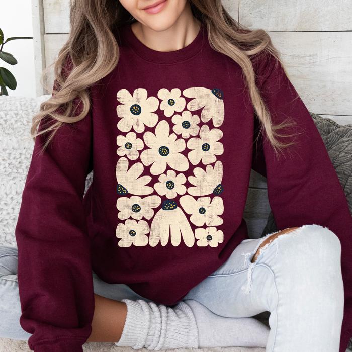 Cream Daisy Allover Floral Vintage Boho Nature Inspired Cozy Fall Print Sweatshirt
