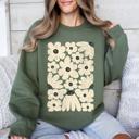 XXL Military Green Cream Daisy Allover Floral Vintage Boho Nature Inspired Cozy Fall Print Sweatshirt
