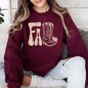 Large Maroon Fall Cowboy Boots Western Autumn Cozy Western Inspired Print Seasonal Style Sweatshirt
