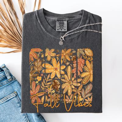 Fall Vibes Colorful Autumn Flowers Vintage Varsity Checkered Pumpkin Comfort Colors Tee