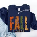 Small Navy Fall Vibes Retro Varsity Autumn Pumpkin Floral Sunflower Accent Cozy Seasonal Sweatshirt