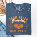 Small Denim Blue Fall Brush Stroke Floral Pumpkin Motif With Delicate Floral Pattern Autumn Harvest Comfort Colors Tee
