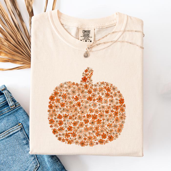 Floral Pumpkin Autumn Flowers Fall Seasonal Botanical Design Art Print Comfort Colors Tee