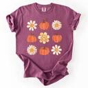 Large Berry Red Flowers and Pumpkins Minimalist Autumn Fall Halloween Floral Brushstroke Motif Comfort Colors Tee