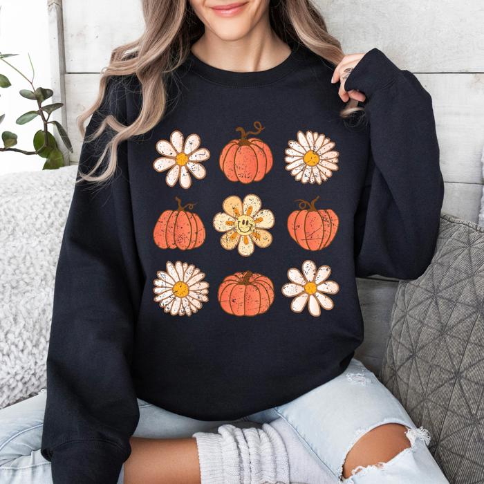 Flowers And Pumpkins Minimalist Autumn Fall Halloween Seasonal Floral Print Sweatshirt