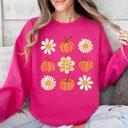 Large Crunhberry Bright Pink Flowers And Pumpkins Minimalist Autumn Fall Halloween Seasonal Floral Print Sweatshirt