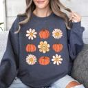 Medium Dark Gray Heather Flowers And Pumpkins Minimalist Autumn Fall Halloween Seasonal Floral Print Sweatshirt