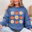 XXXL Indigo Blue Flowers And Pumpkins Minimalist Autumn Fall Halloween Seasonal Floral Print Sweatshirt