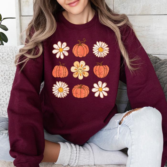 Flowers And Pumpkins Minimalist Autumn Fall Halloween Seasonal Floral Print Sweatshirt