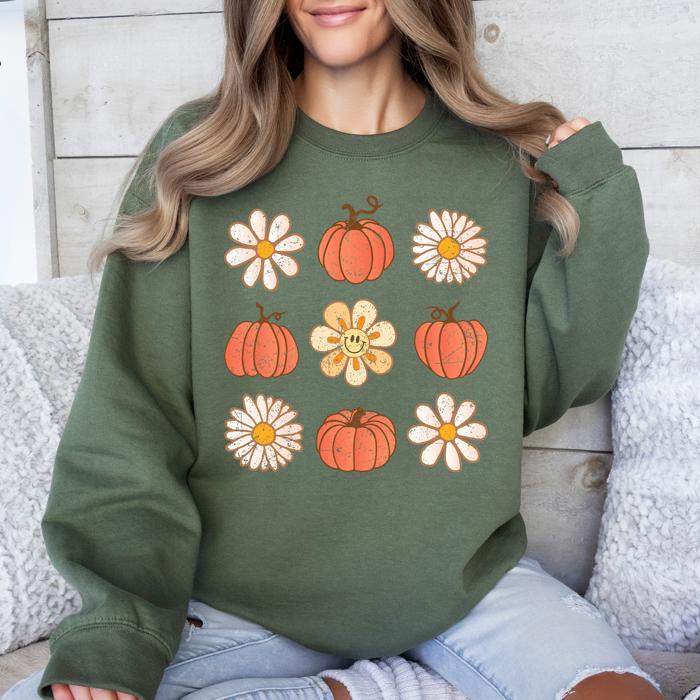 Flowers And Pumpkins Minimalist Autumn Fall Halloween Seasonal Floral Print Sweatshirt