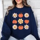 Large Navy Flowers And Pumpkins Minimalist Autumn Fall Halloween Seasonal Floral Print Sweatshirt