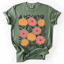 Medium Moss Dark Green Flowers and Pumpkins Watercolor Halloween Autumn Floral Design Comfort Colors Tee