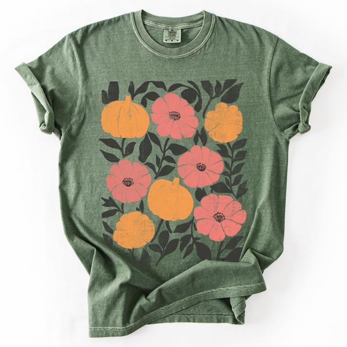 Flowers and Pumpkins Watercolor Halloween Autumn Floral Design Comfort Colors Tee