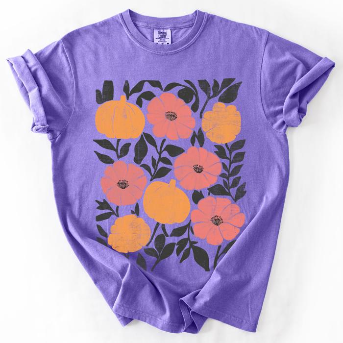 Flowers and Pumpkins Watercolor Halloween Autumn Floral Design Comfort Colors Tee