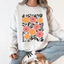 XXL Ash Light Gray Vivid Watercolor Flowers And Pumpkins Autumn Halloween Garden Scene Artwork Print Sweatshirt