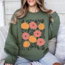 XXXL Military Green Vivid Watercolor Flowers And Pumpkins Autumn Halloween Garden Scene Artwork Print Sweatshirt