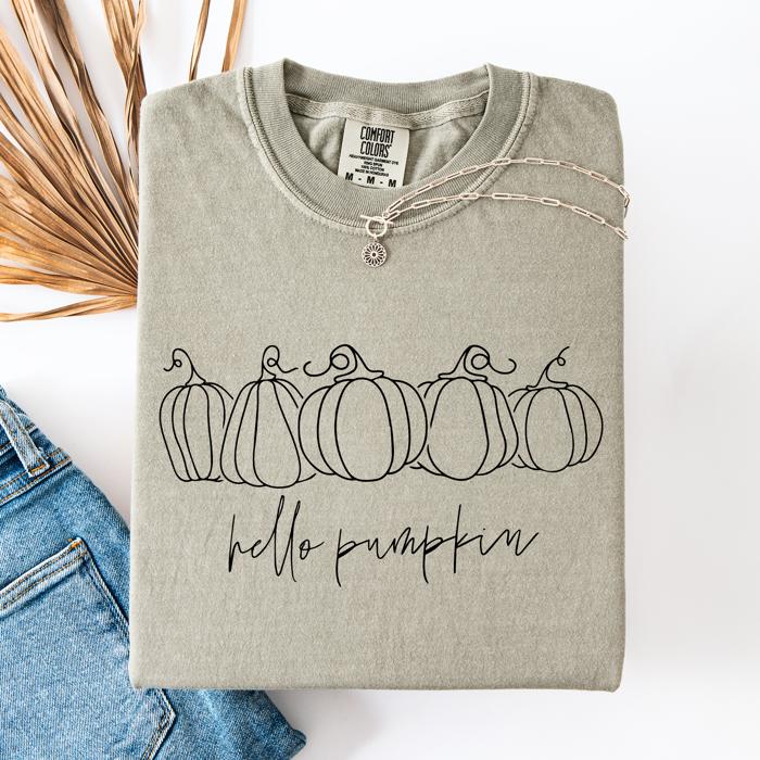 Hello Pumpkin Minimalist Thanksgiving Autumn Fall Floral Pumpkin Brush Stroke Comfort Colors Tee