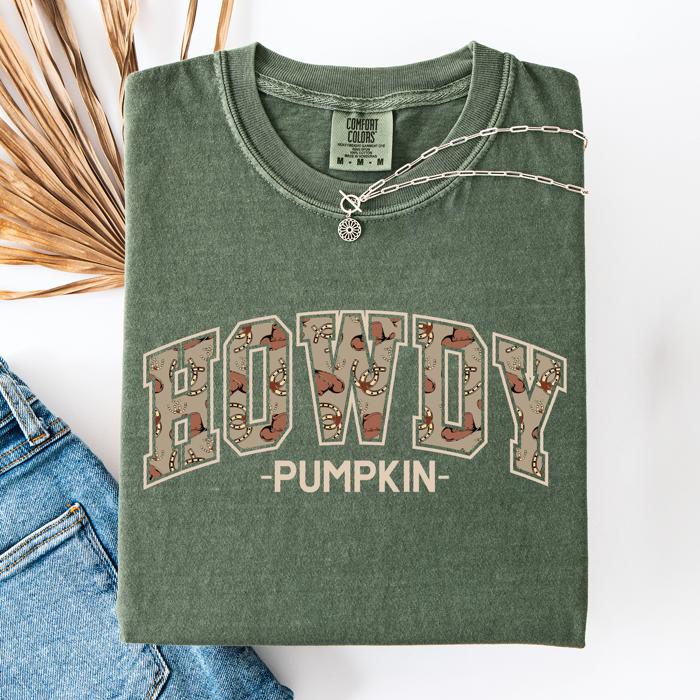 Howdy Pumpkin Fall Brush Stroke Floral Pumpkin Frame Vintage Varsity Collegiate Autumn Graphic Comfort Colors Tee