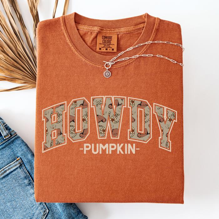 Howdy Pumpkin Fall Brush Stroke Floral Pumpkin Frame Vintage Varsity Collegiate Autumn Graphic Comfort Colors Tee