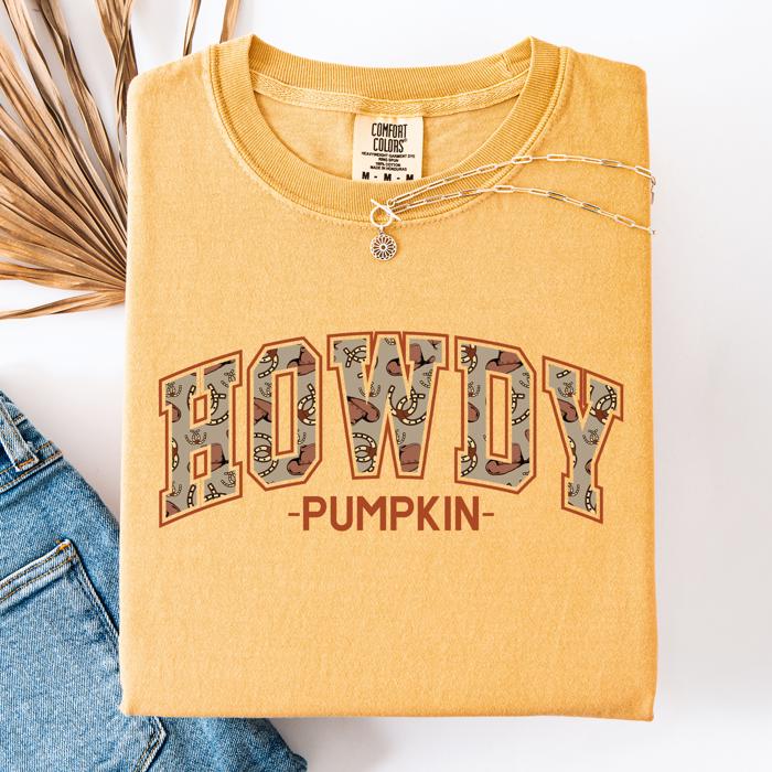 Howdy Pumpkin Fall Brush Stroke Floral Pumpkin Frame Vintage Varsity Collegiate Autumn Graphic Comfort Colors Tee