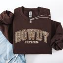 Small Dark Chocolate Brown Howdy Pumpkin Varsity Collegiate Autumn Graphic Cozy Vintage For Everyday Layering Comfort Sweatshirt