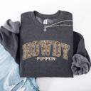 Medium Dark Gray Heather Howdy Pumpkin Varsity Collegiate Autumn Graphic Cozy Vintage For Everyday Layering Comfort Sweatshirt