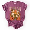Large Berry Red It's Fall Y'all Watercolor Flowers and Jack-O'-Lanterns Halloween Autumn Edition Comfort Colors Tee