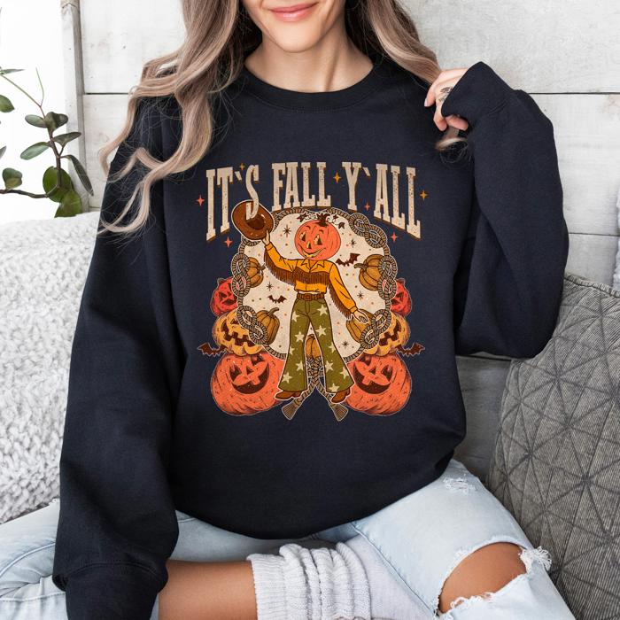 It's Fall Y'all Jack O Lantern Halloween Autumn Vintage Inspired Seasonal Sweatshirt