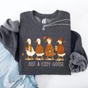 Small Dark Gray Heather Just A Cozy Goose Autumn Floral Sunflower Pumpkin Spice Cozy Fleece Seasonal Sweatshirt