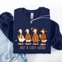 Medium Navy Just A Cozy Goose Autumn Floral Sunflower Pumpkin Spice Cozy Fleece Seasonal Sweatshirt