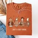 Large Yam Just A Cozy Goose Autumn Goose Watercolor Bouquet With Jack O Lantern Motifs Comfort Colors Tee