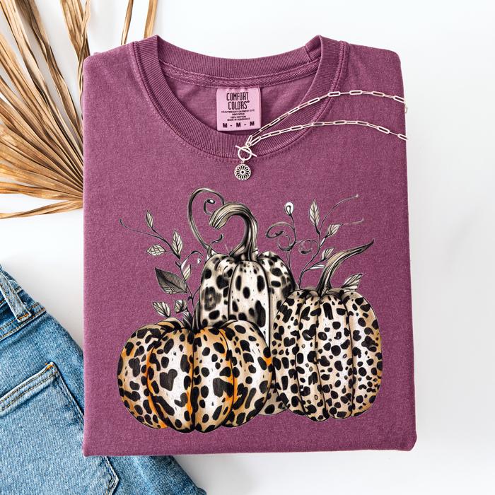 Leopard Print Pumpkins Watercolor Bouquet Autumn Halloween Scene Comfort Colors Tee