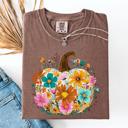 Medium Espresso Brown Pumpkin Floral Watercolor Leopard Print Pumpkins Bouquet Halloween Fall Comfort Colors Tee