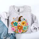 XXXL Ash Light Gray Pumpkin Floral Halloween Fall Autumn Harvest Sunflowers Seasonal Print Sweatshirt
