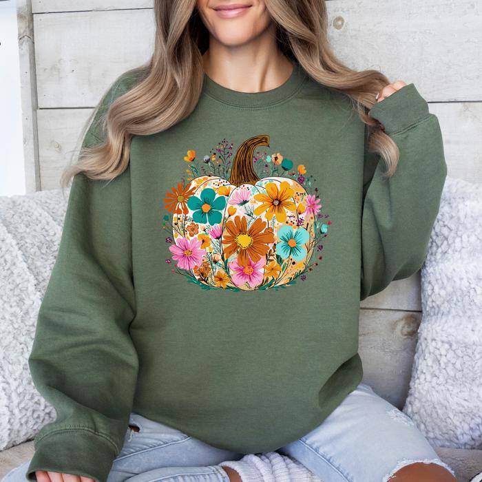 Pumpkin Floral Halloween Fall Autumn Harvest Sunflowers Seasonal Print Sweatshirt