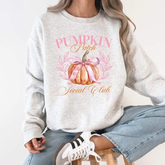Pumpkin Patch Social Club Autumn Florals Sunflowers Patchwork Harvest Moon Motif Sweatshirt